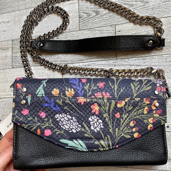 🌸🌿Aimee Kestenberg Delancey Floral Black Leather Wallet On a Chain - Picture 2 of 12